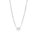 A delicate white gold chain necklace with a small rectangular bezel-set diamond pendant, shown against a plain white background.