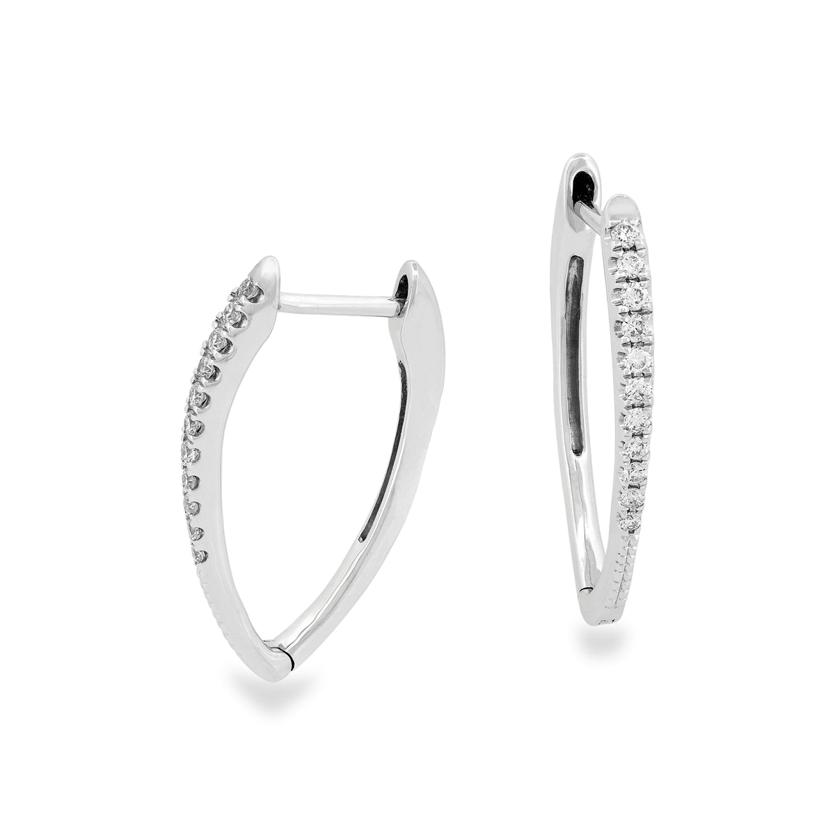 A pair of silver chevron-shaped hoop earrings with pavé-set diamonds along the front curve, shown on a clean white background.