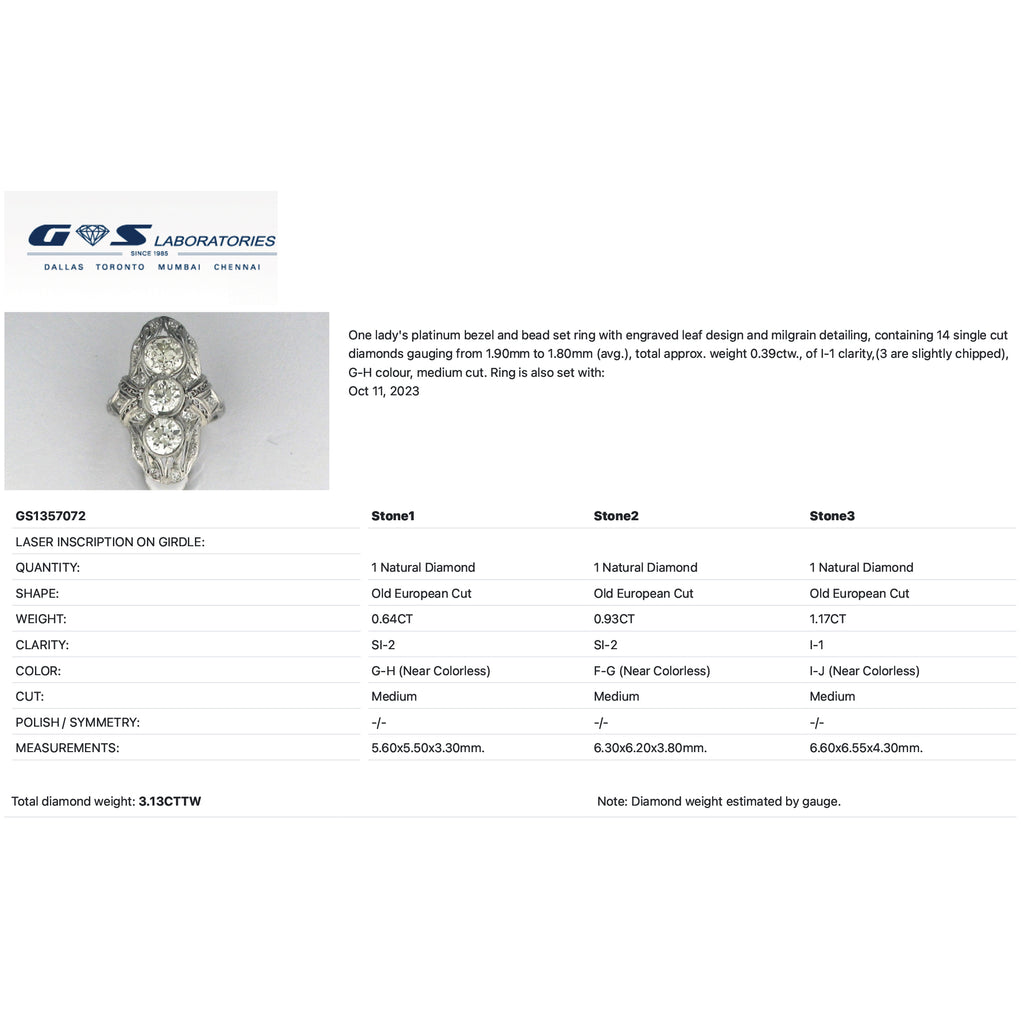 A product information card for a GS Laboratories diamond ring. The card features the GS Laboratories logo, a small color photograph of a silver-toned ring with a diamond band, and a table with specifications for Stone1, Stone2, and Stone3 diamonds.