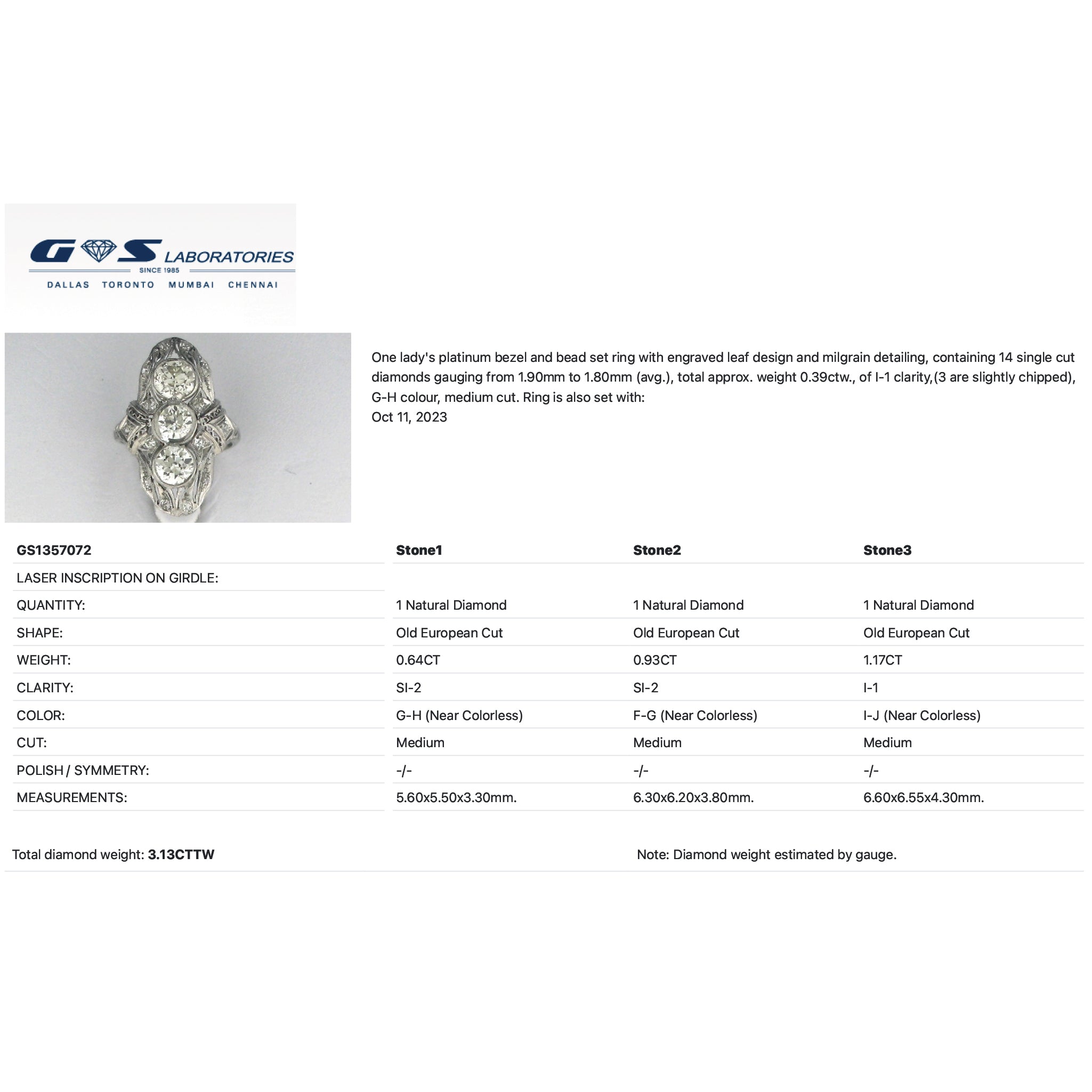 A product information card for a GS Laboratories diamond ring. The card features the GS Laboratories logo, a small color photograph of a silver-toned ring with a diamond band, and a table with specifications for Stone1, Stone2, and Stone3 diamonds.