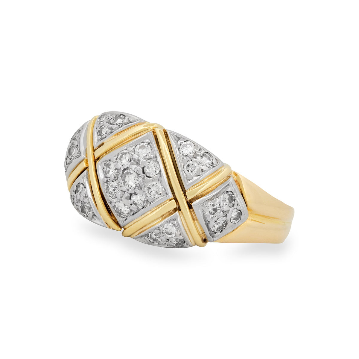 A two-tone diamond ring with a gold and silver pavé design, shown on a clean white background.