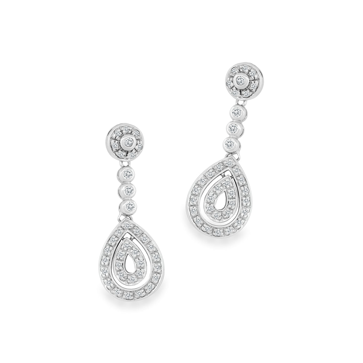 A pair of white gold drop earrings with round cluster studs, small round links, and teardrop-shaped drops set with diamonds. 