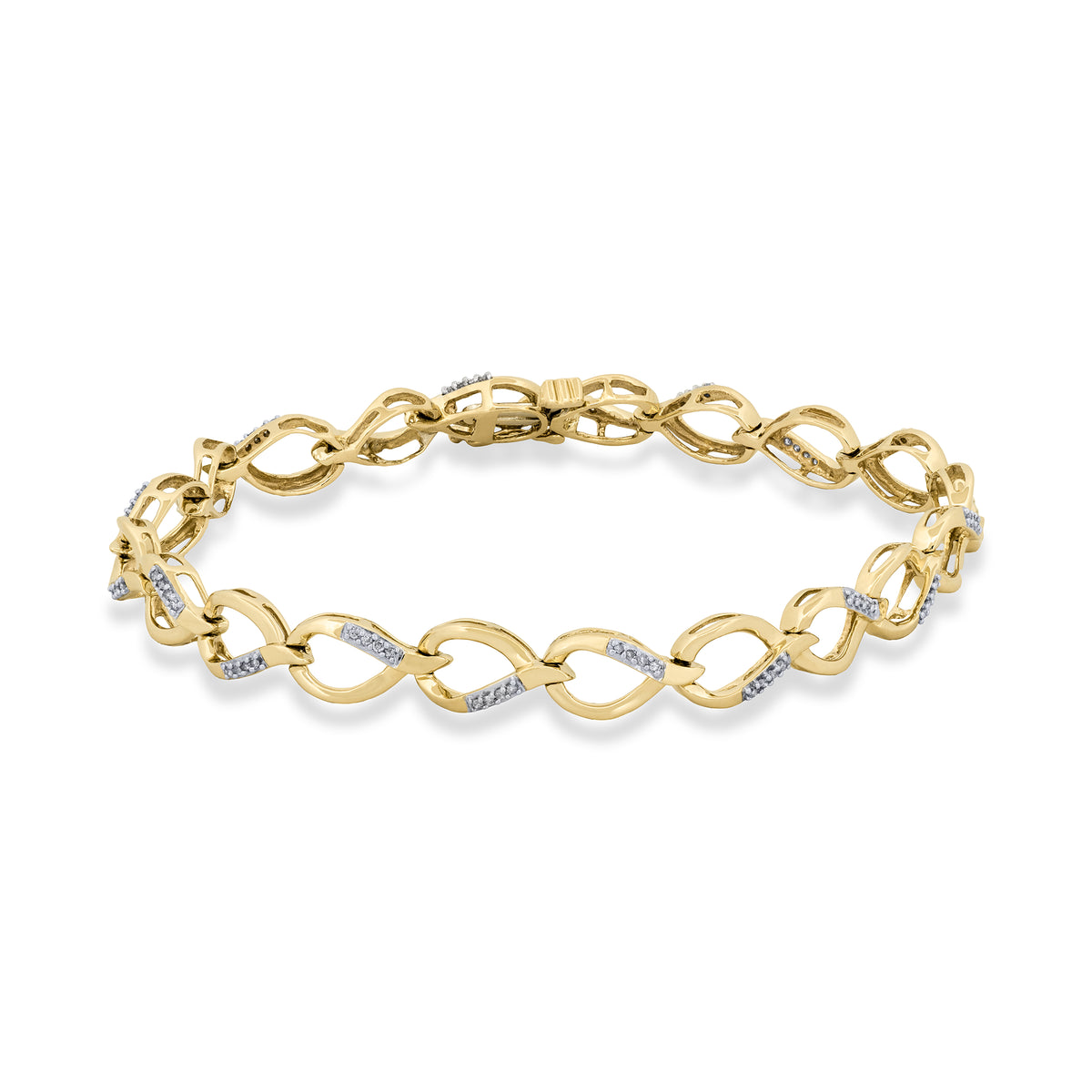 A yellow gold infinity link bracelet with small diamonds on alternating links, displayed on a clean white background.