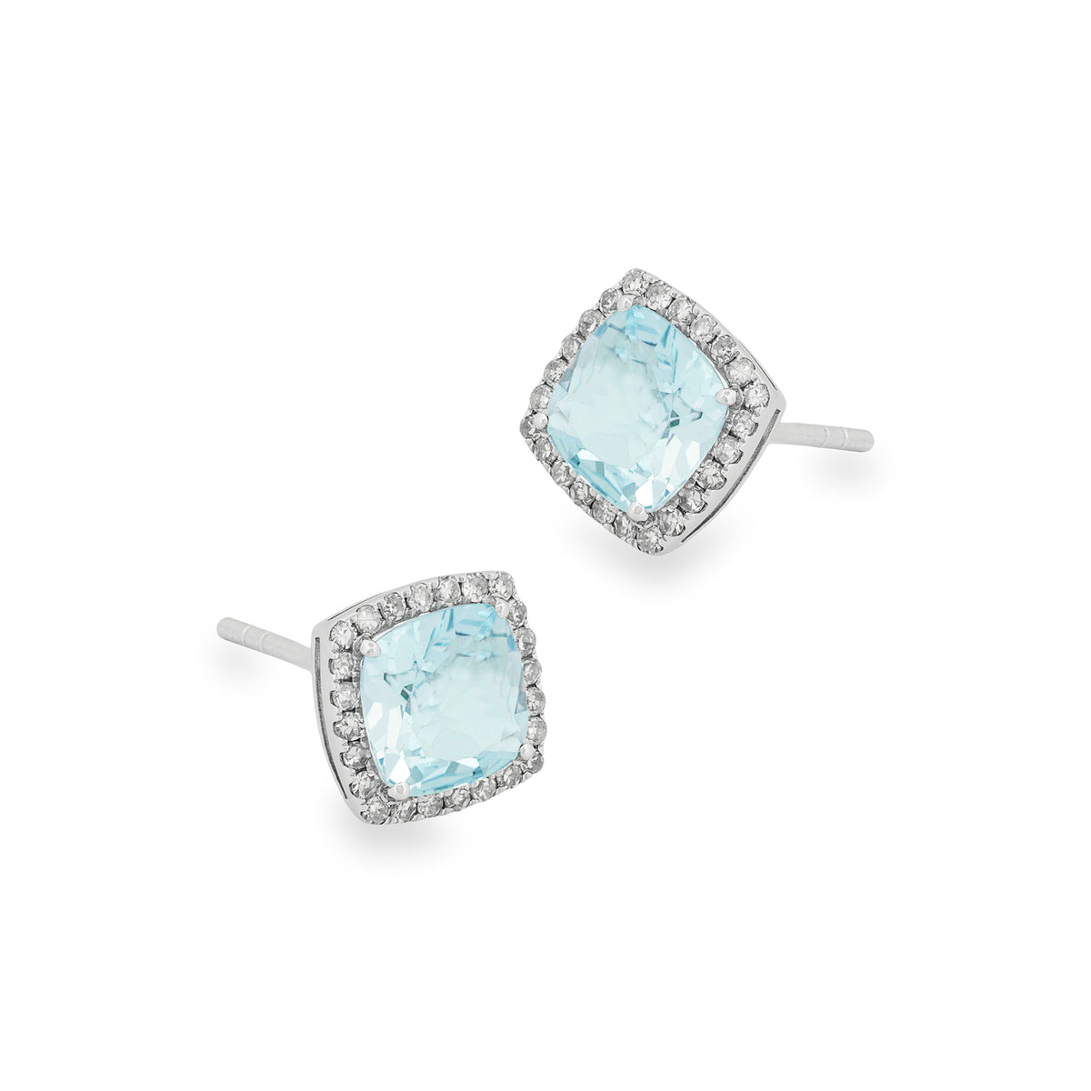 A pair of square stud earrings featuring light blue aquamarines surrounded by a halo of small diamonds, set in a white gold on a plain white background.