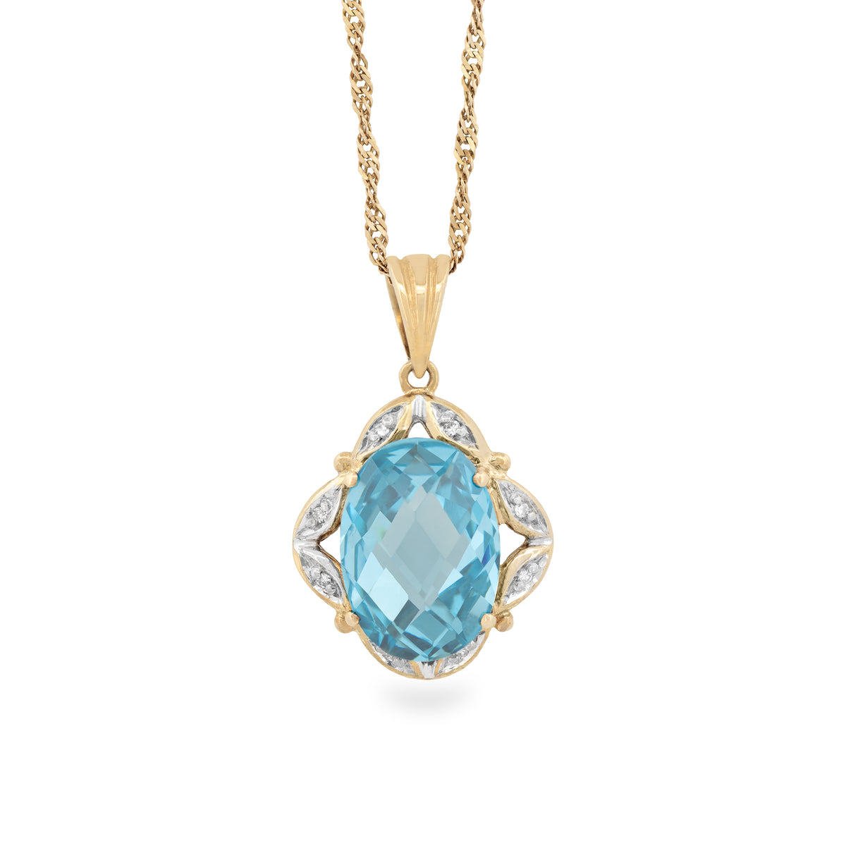 A yellow gold pendant necklace featuring a large oval-cut light blue topaz centre stone, surrounded by diamonds in a floral setting, suspended from a twisted yellow gold chain against a white background.