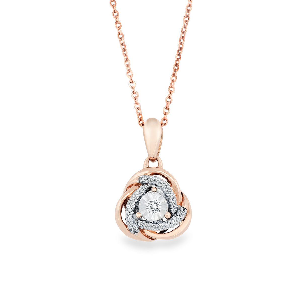 A rose gold necklace with a pendant featuring a central diamond surrounded by a double-layered design of rose gold and white gold pavé-set diamonds, shown on a plain white background.