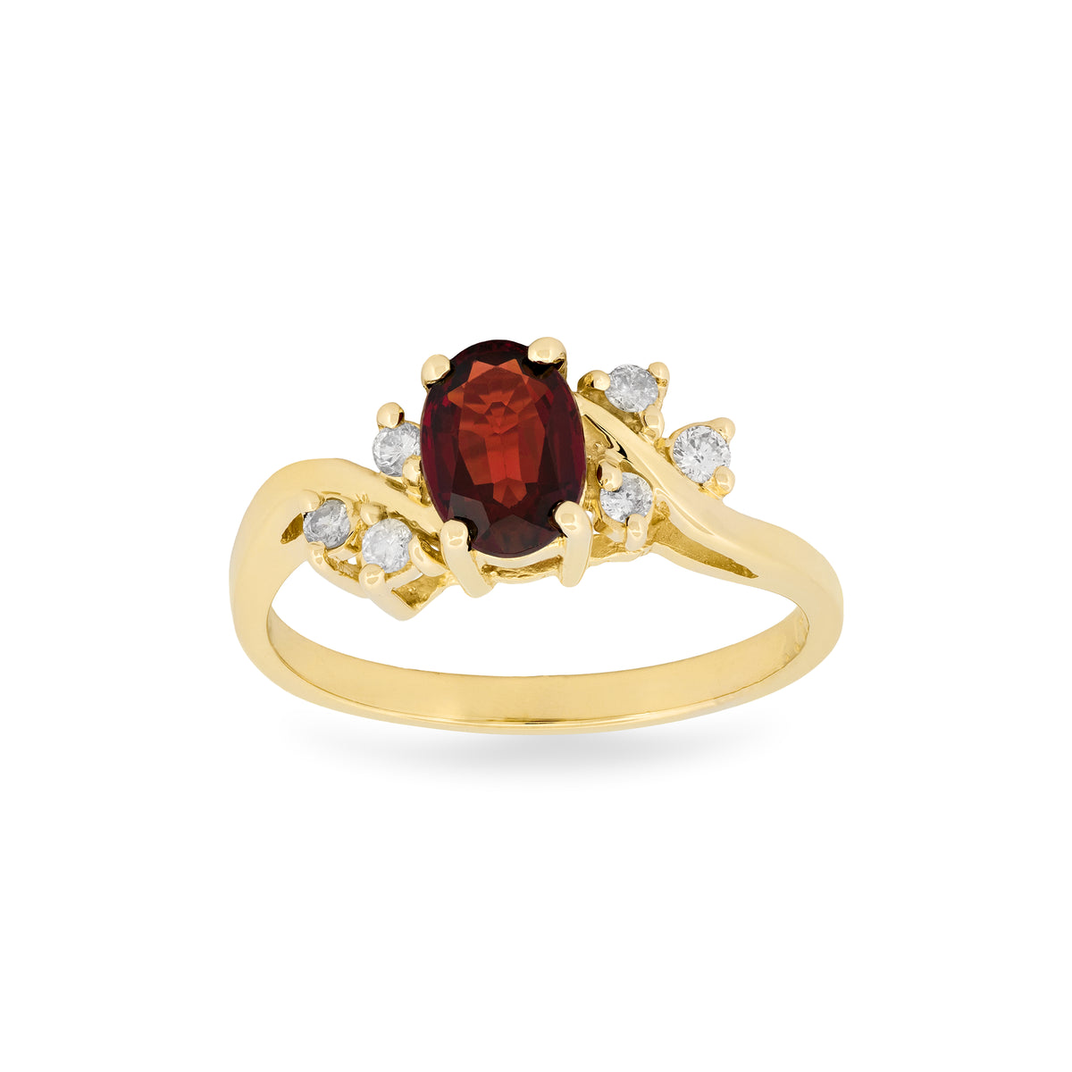 A yellow gold ring featuring an oval-cut dark red garnet center stone and three small round-cut clear diamonds set along a bypass shank, shown on a plain white background.