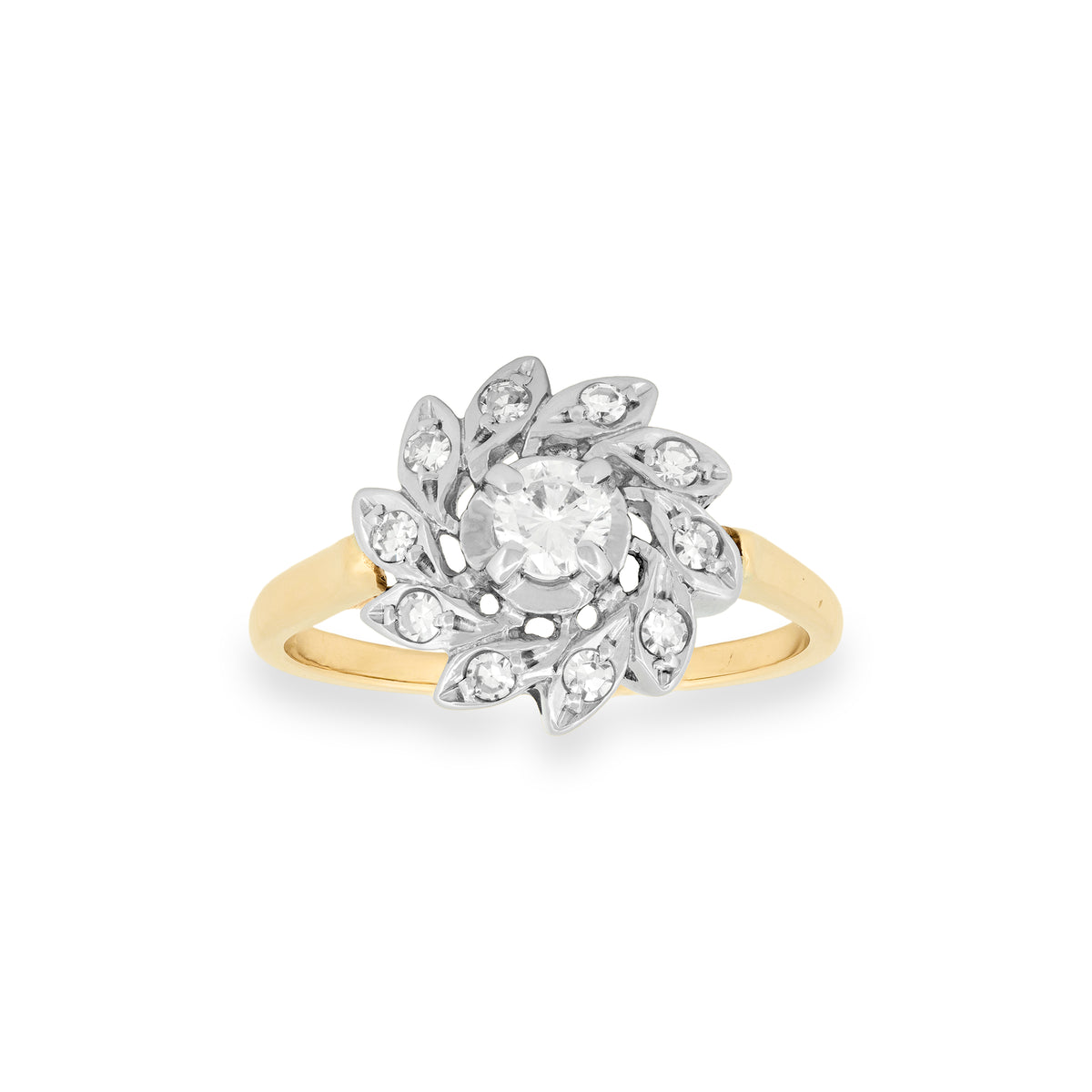 A yellow gold floral ring with a white gold cluster setting featuring a round diamonds, shown on a plain white background.