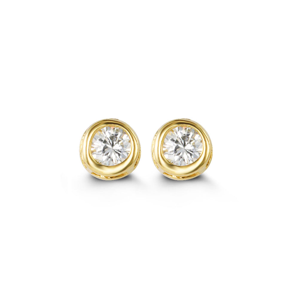 A pair of gold stud earrings with round bezel-set clear gemstones, shown on a plain white background.
