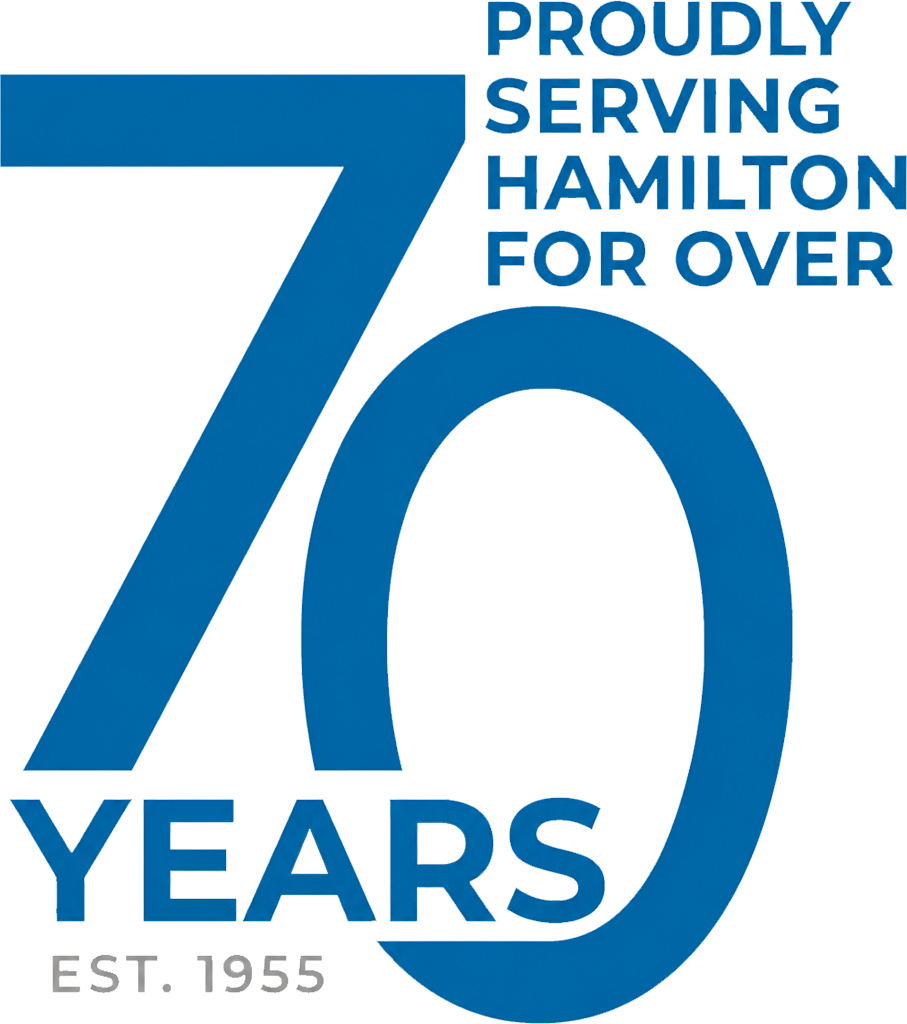 Blue logo with and text reading 'Proudly Serving Hamilton for over 70 years, est. 1955"