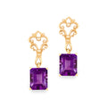 A pair of gold drop earrings featuring rectangular purple amethyst gemstones and ornate yellow gold scrollwork tops, shown on a plain white background.