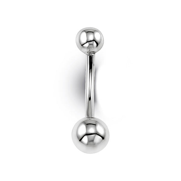 Silver belly button ring with two round balls on a white background