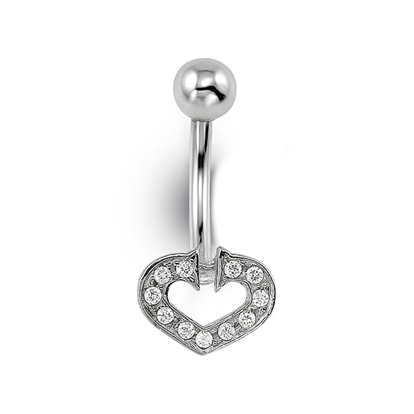 A silver-toned belly button ring with a ball back and a heart-shaped pavé pendant on a white background.