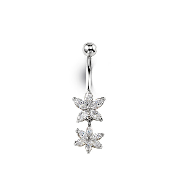 A silver-toned belly button ring featuring two dangling flower charms set with clear marquise-cut stones, shown against a plain white background.
