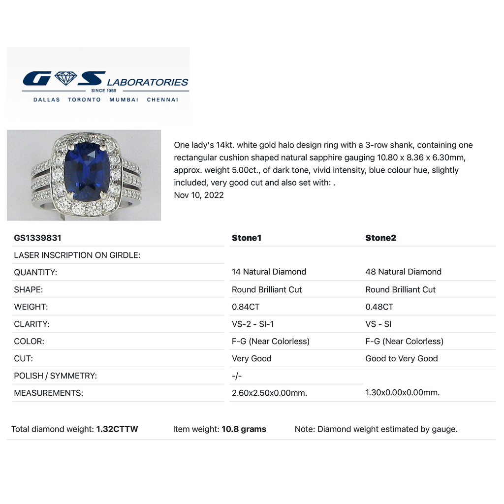 A product specification sheet for a blue sapphire ring from GS Laboratories.