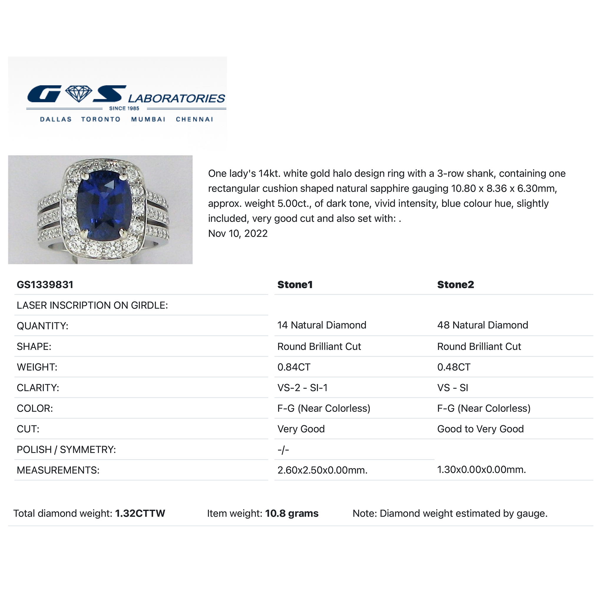 A product specification sheet for a blue sapphire ring from GS Laboratories.