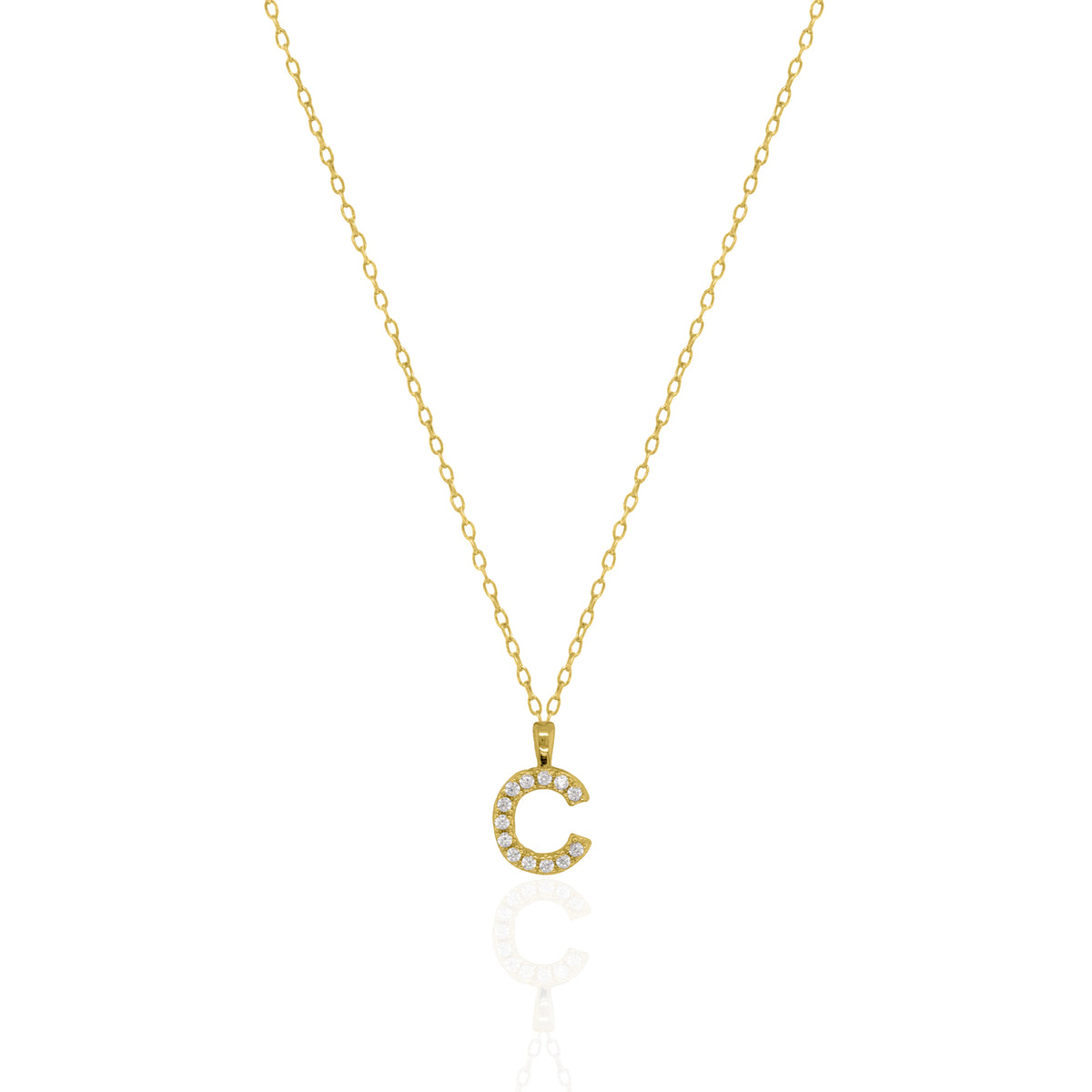 A goldtone initial necklace featuring a  letter pendant set with small clear stones, suspended from a delicate gold chain against a white background.
