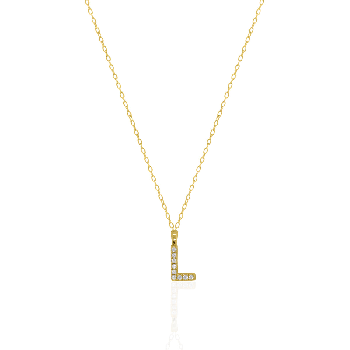 A goldtone initial necklace featuring a  letter pendant set with small clear stones, suspended from a delicate gold chain against a white background.