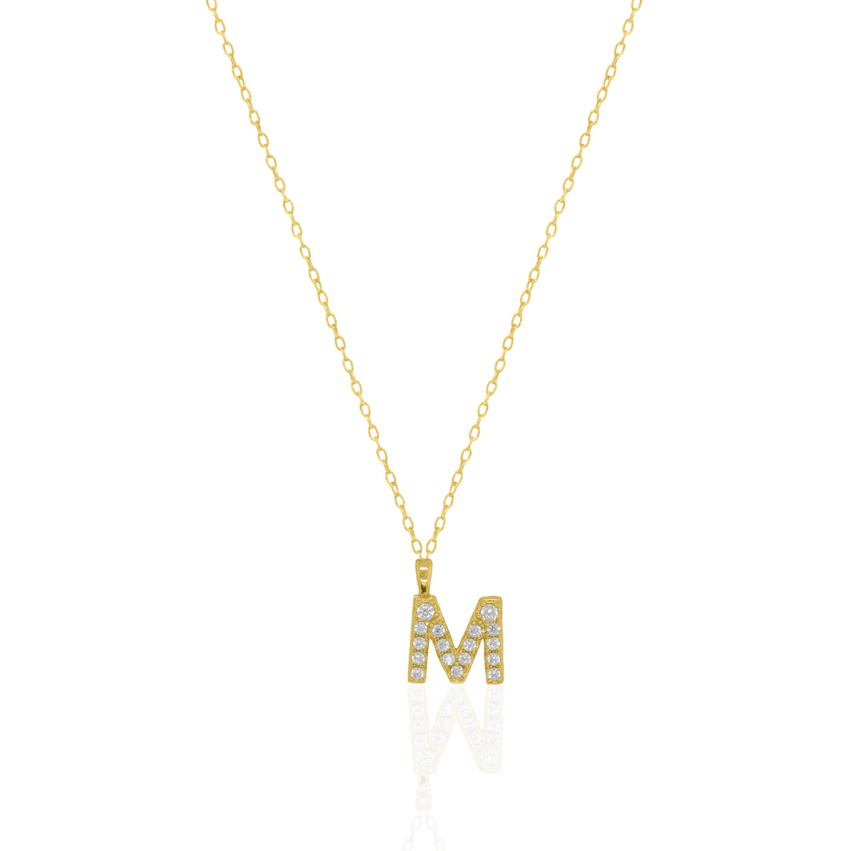 A goldtone initial necklace featuring a  letter pendant set with small clear stones, suspended from a delicate gold chain against a white background.