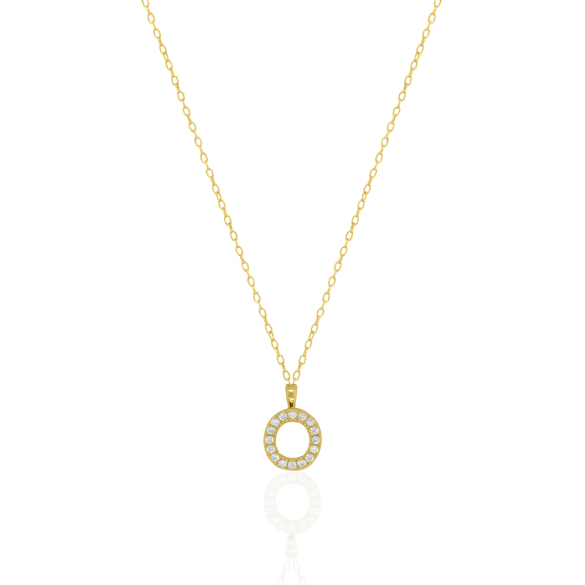 A goldtone initial necklace featuring a  letter pendant set with small clear stones, suspended from a delicate gold chain against a white background.