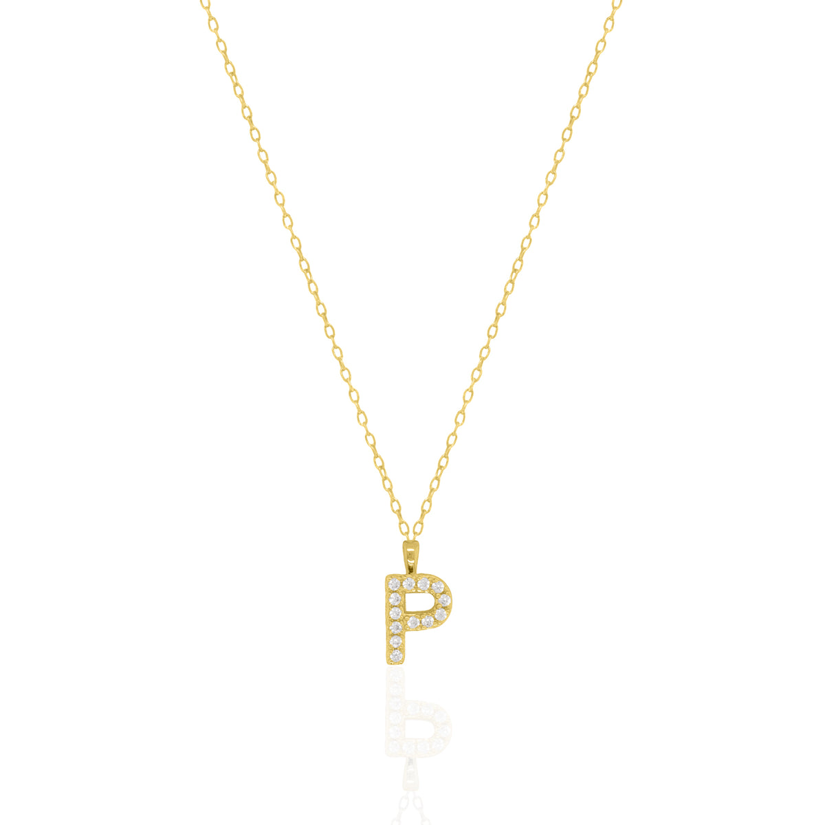 A goldtone initial necklace featuring a  letter pendant set with small clear stones, suspended from a delicate gold chain against a white background.
