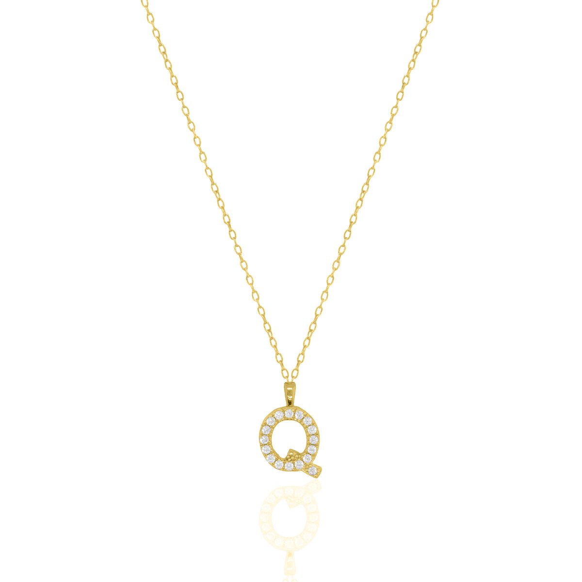 A goldtone initial necklace featuring a  letter pendant set with small clear stones, suspended from a delicate gold chain against a white background.