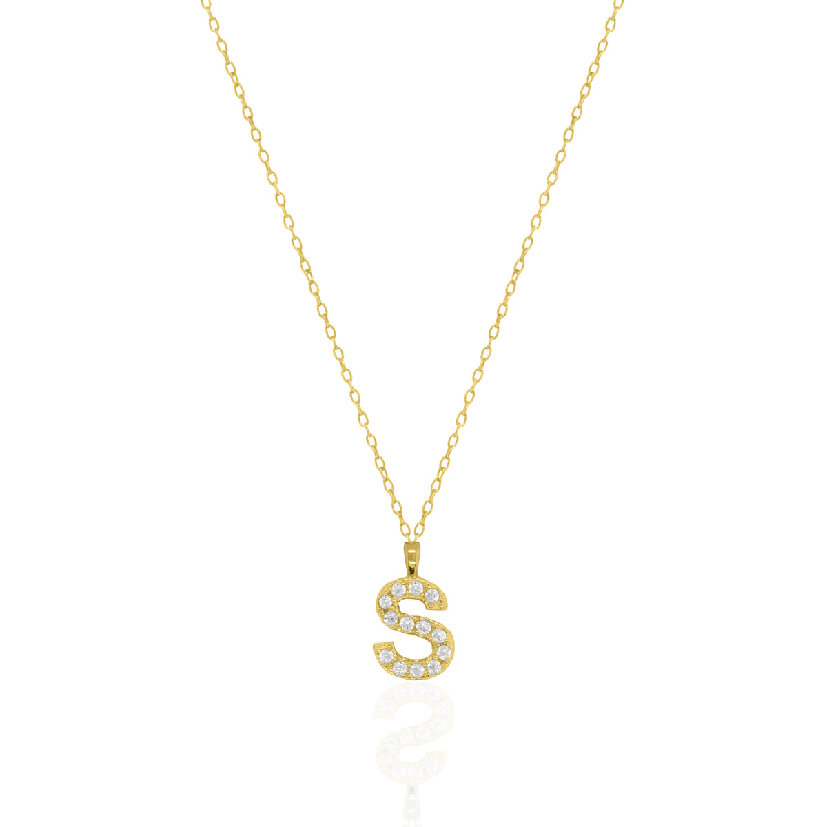 A goldtone initial necklace featuring a  letter pendant set with small clear stones, suspended from a delicate gold chain against a white background.