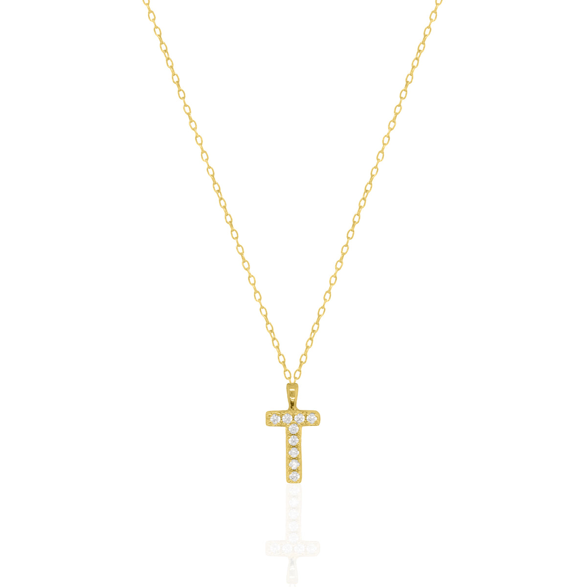 A goldtone initial necklace featuring a  letter pendant set with small clear stones, suspended from a delicate gold chain against a white background.