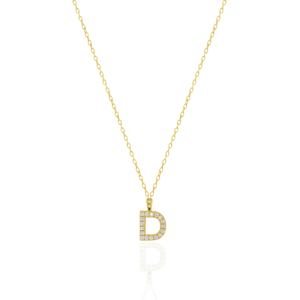 A goldtone initial necklace featuring a  letter pendant set with small clear stones, suspended from a delicate gold chain against a white background.