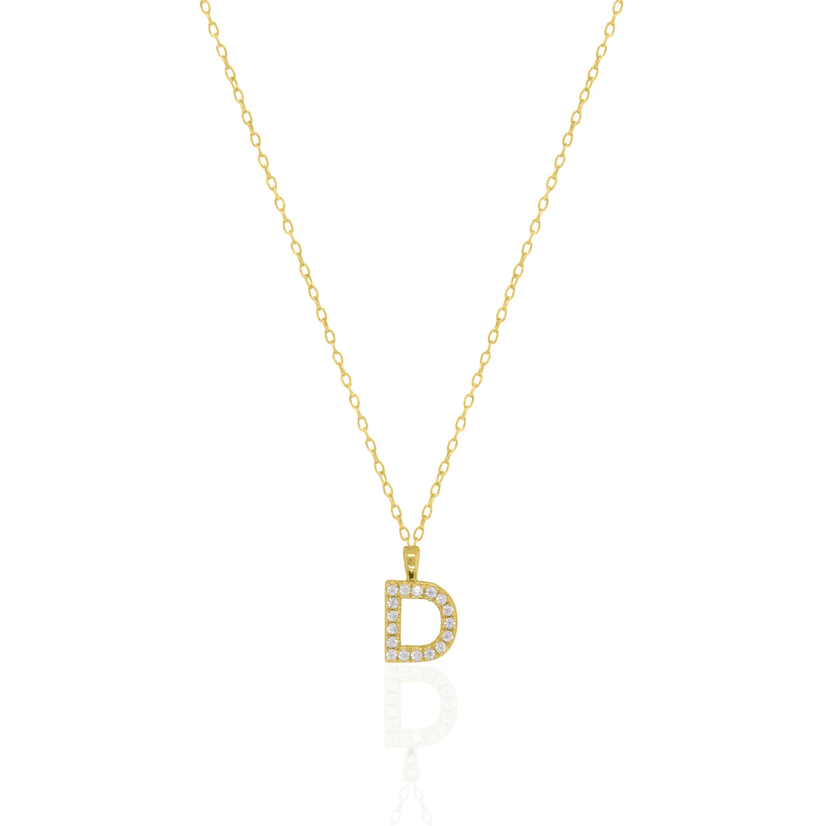A goldtone initial necklace featuring a  letter pendant set with small clear stones, suspended from a delicate gold chain against a white background.