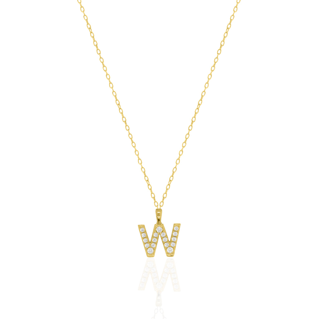 A goldtone initial necklace featuring a  letter pendant set with small clear stones, suspended from a delicate gold chain against a white background.