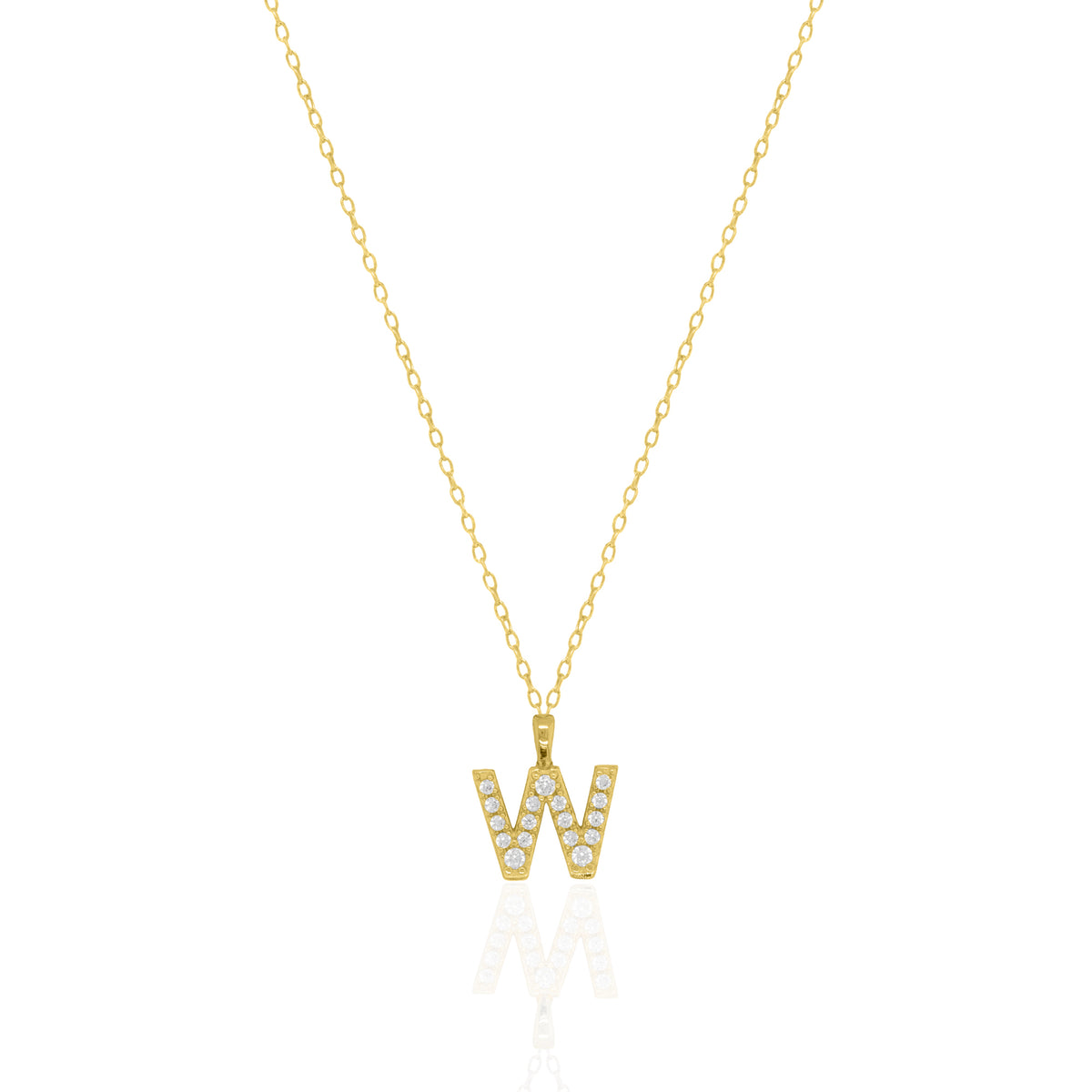 A goldtone initial necklace featuring a  letter pendant set with small clear stones, suspended from a delicate gold chain against a white background.