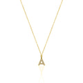 A goldtone initial necklace featuring a  letter pendant set with small clear stones, suspended from a delicate gold chain against a white background.