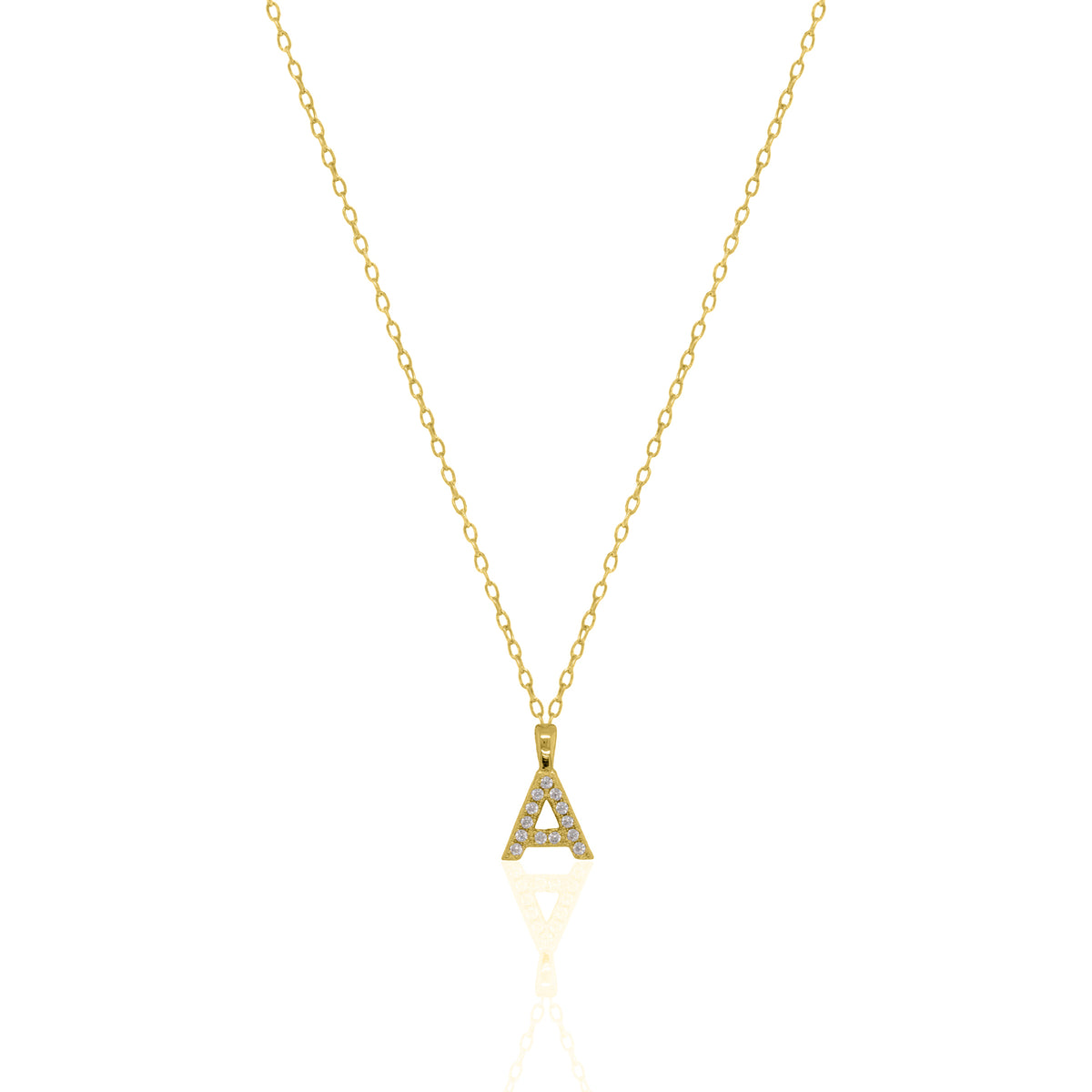 A goldtone initial necklace featuring a  letter pendant set with small clear stones, suspended from a delicate gold chain against a white background.