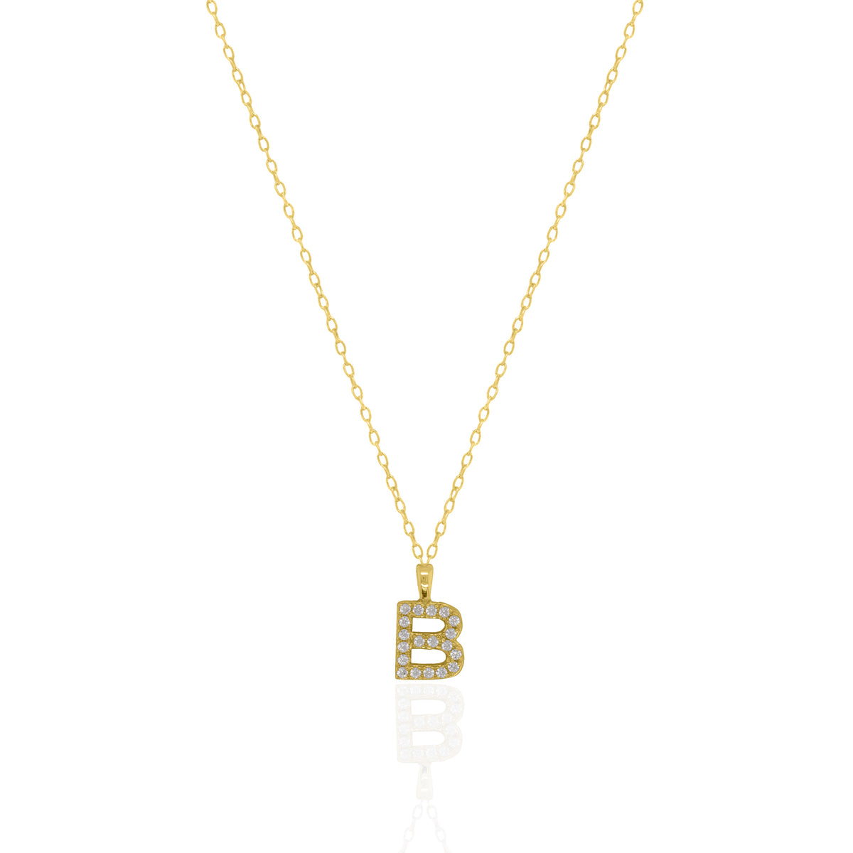 A goldtone initial necklace featuring a  letter pendant set with small clear stones, suspended from a delicate gold chain against a white background.