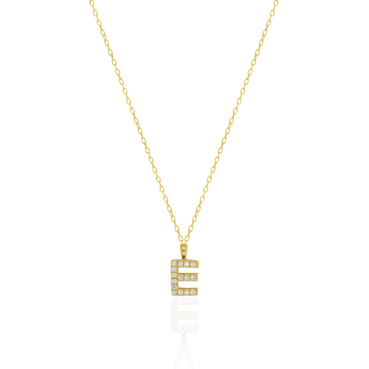 A goldtone initial necklace featuring a  letter pendant set with small clear stones, suspended from a delicate gold chain against a white background.