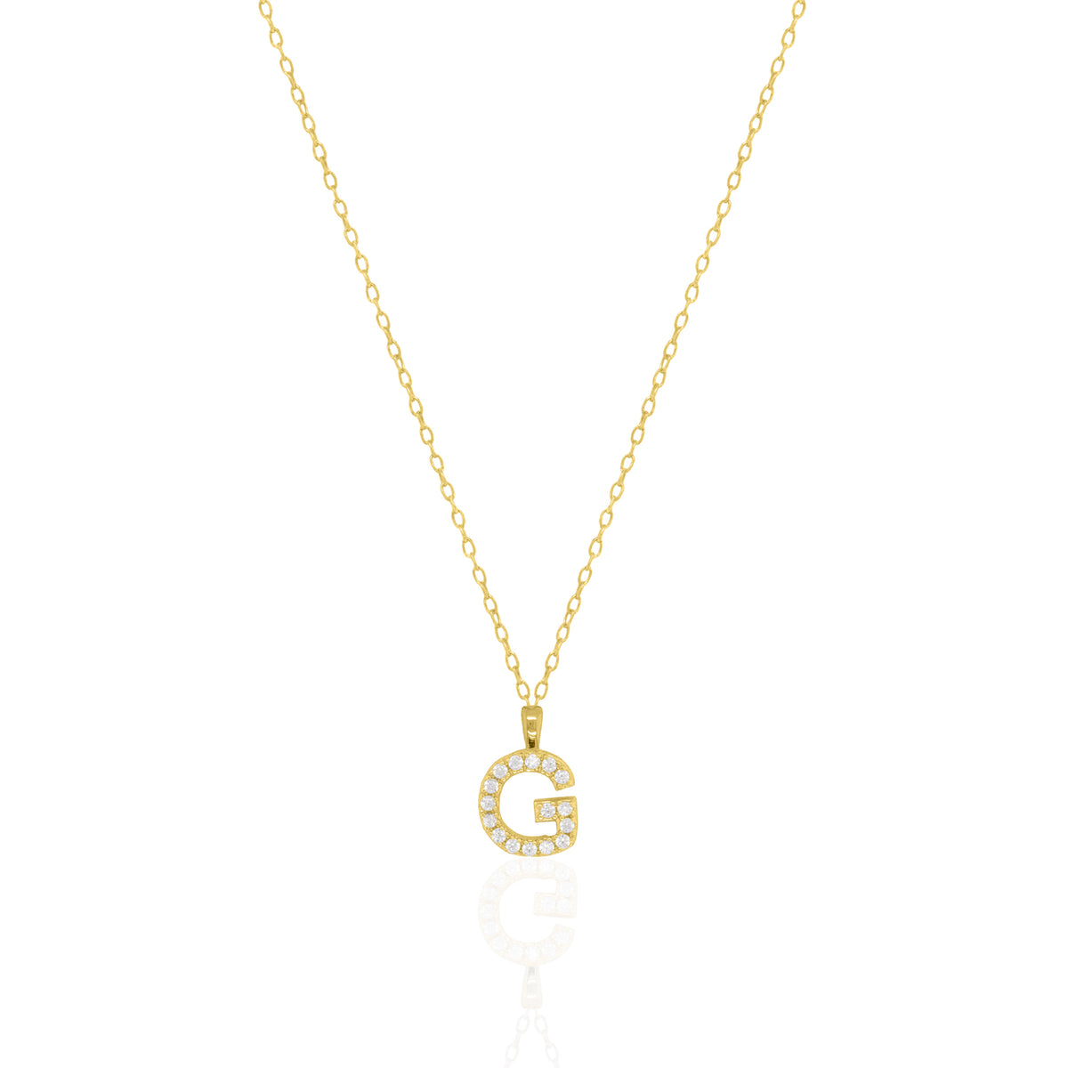 A goldtone initial necklace featuring a  letter pendant set with small clear stones, suspended from a delicate gold chain against a white background.