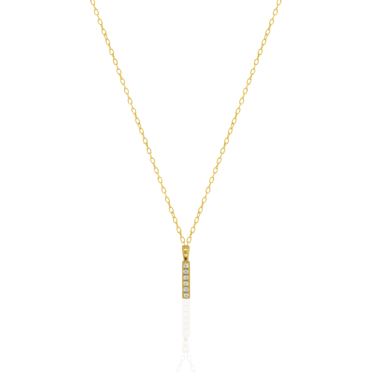 A goldtone initial necklace featuring a  letter pendant set with small clear stones, suspended from a delicate gold chain against a white background.