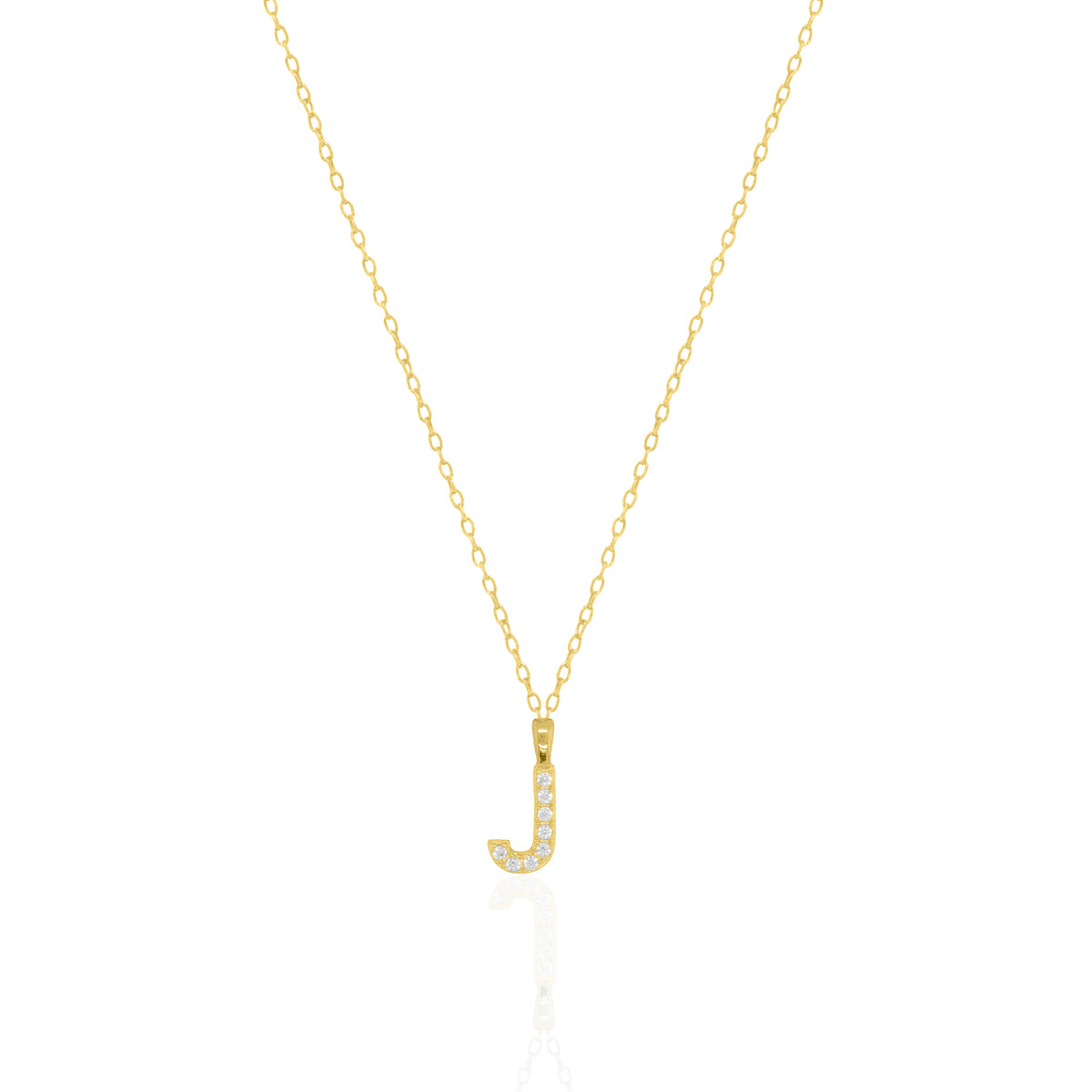 A goldtone initial necklace featuring a  letter pendant set with small clear stones, suspended from a delicate gold chain against a white background.