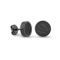 A pair of matte black round stud earrings, one shown from the front with a diagonal ribbed pattern and the other from the side showing a vertical ribbed pattern and butterfly back, on a white background.