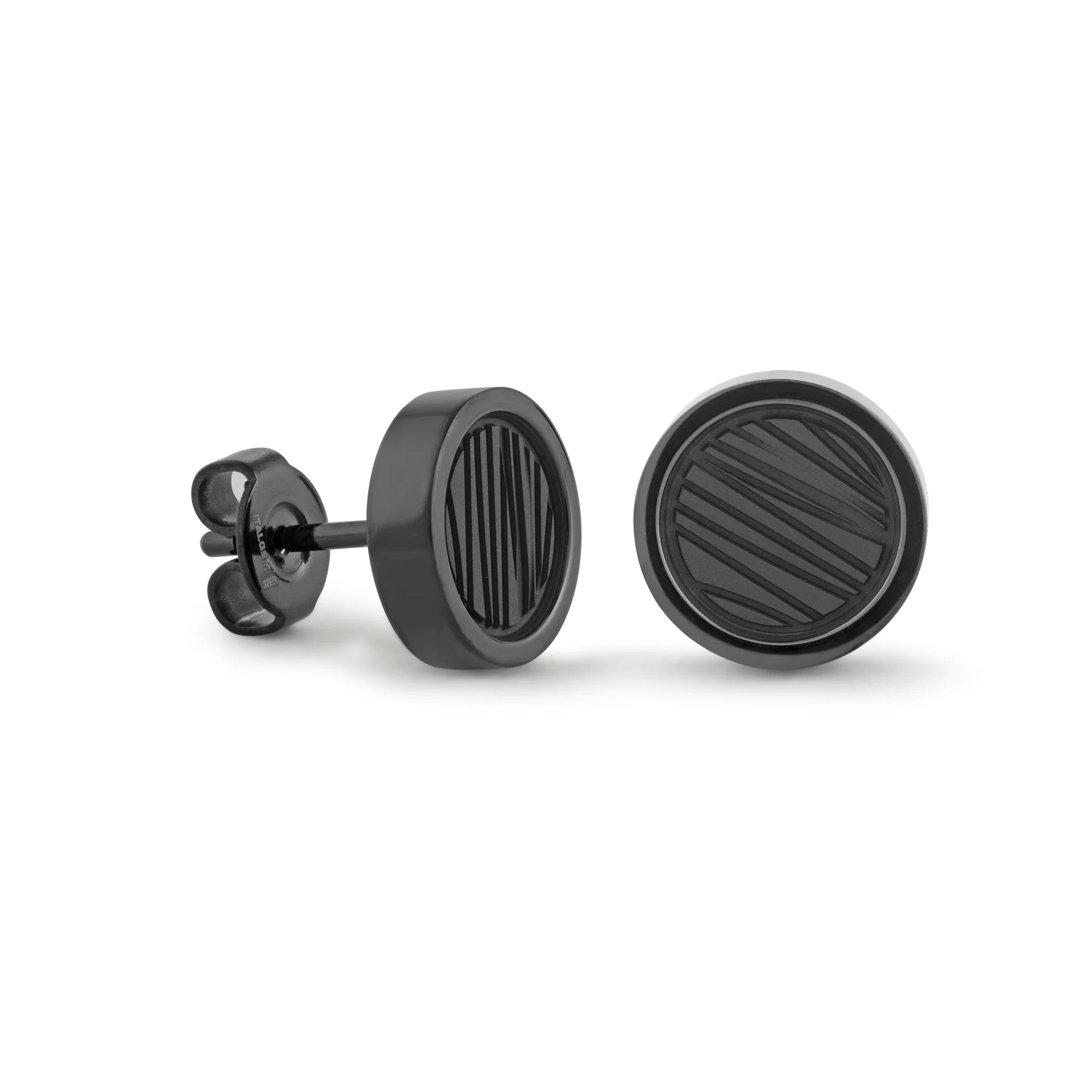 A pair of matte black round stud earrings, one shown from the front with a diagonal ribbed pattern and the other from the side showing a vertical ribbed pattern and butterfly back, on a white background.