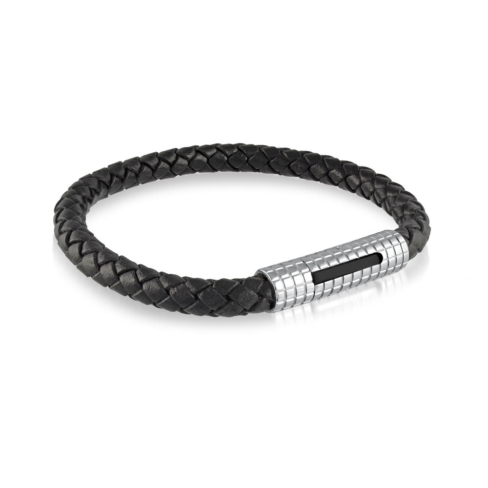 Silver and Black Leather Bracelet