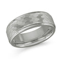 A tungsten band with a textured, hammered pattern on the outer surface and a smooth polished beveled edge, shown on a clean white background.