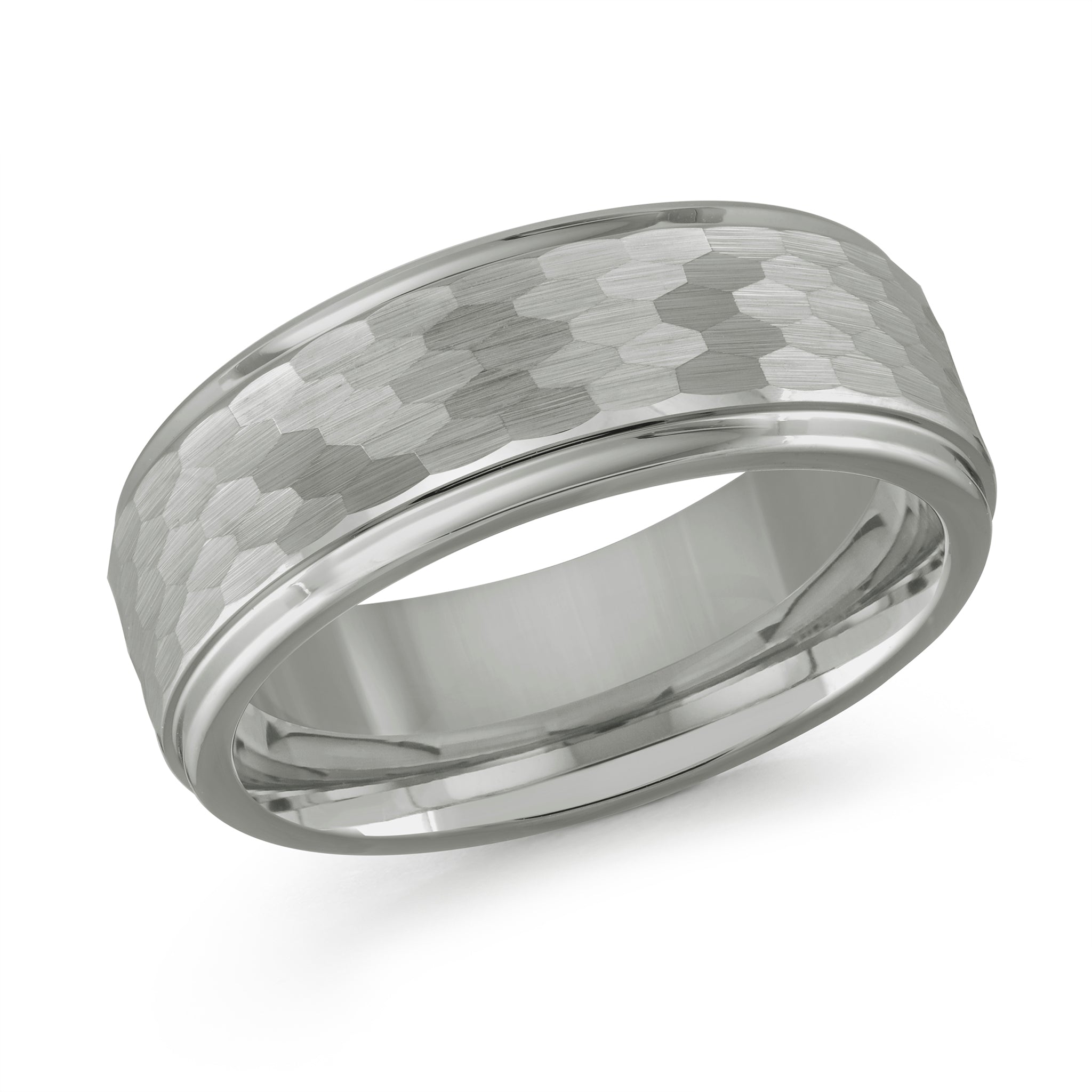 A tungsten band with a textured, hammered pattern on the outer surface and a smooth polished beveled edge, shown on a clean white background.