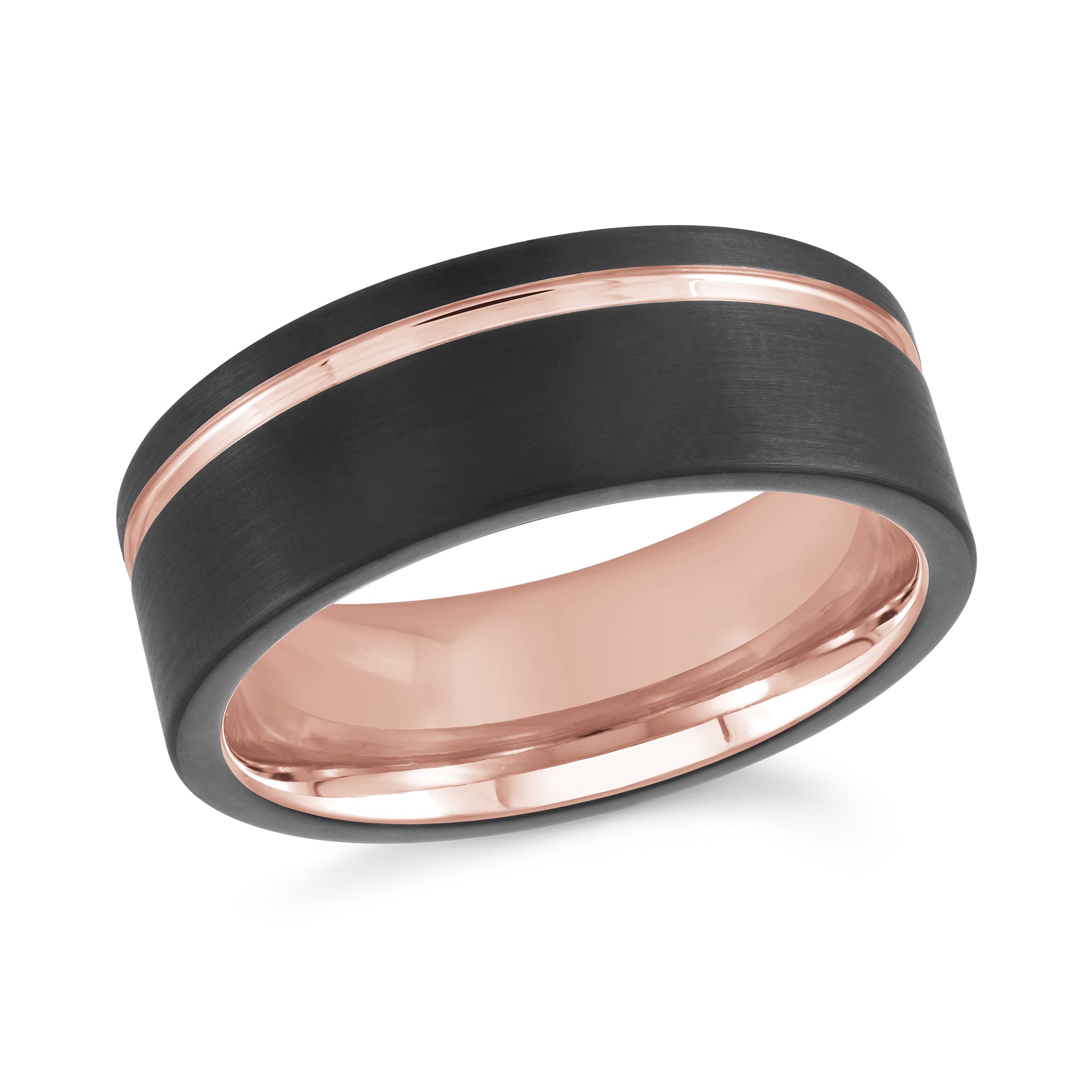 Black and rose gold ring on a white background