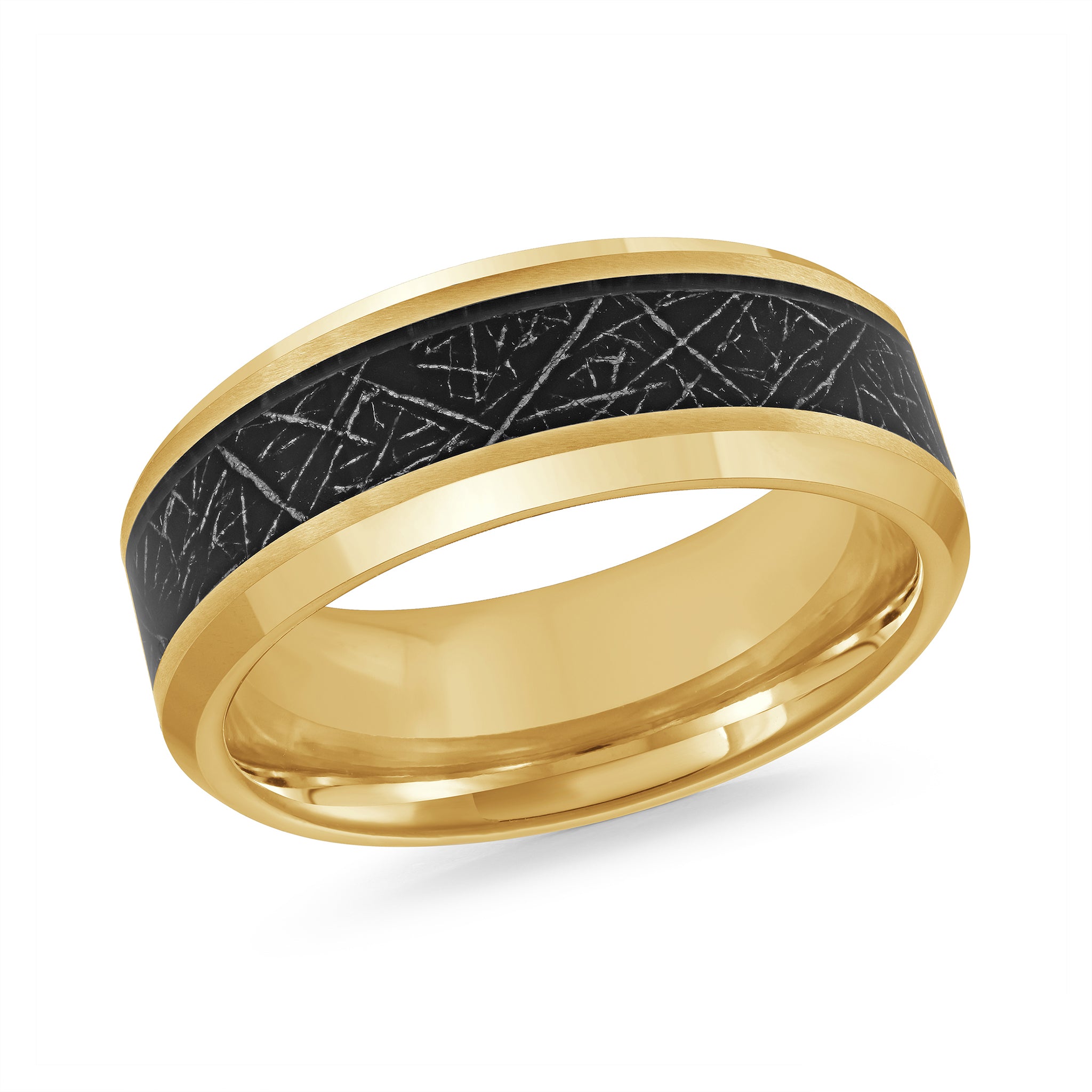 Gold ring with a black engraved band on a white background
