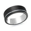 Black tungsten band with silvertone inlay and interior on a white background.