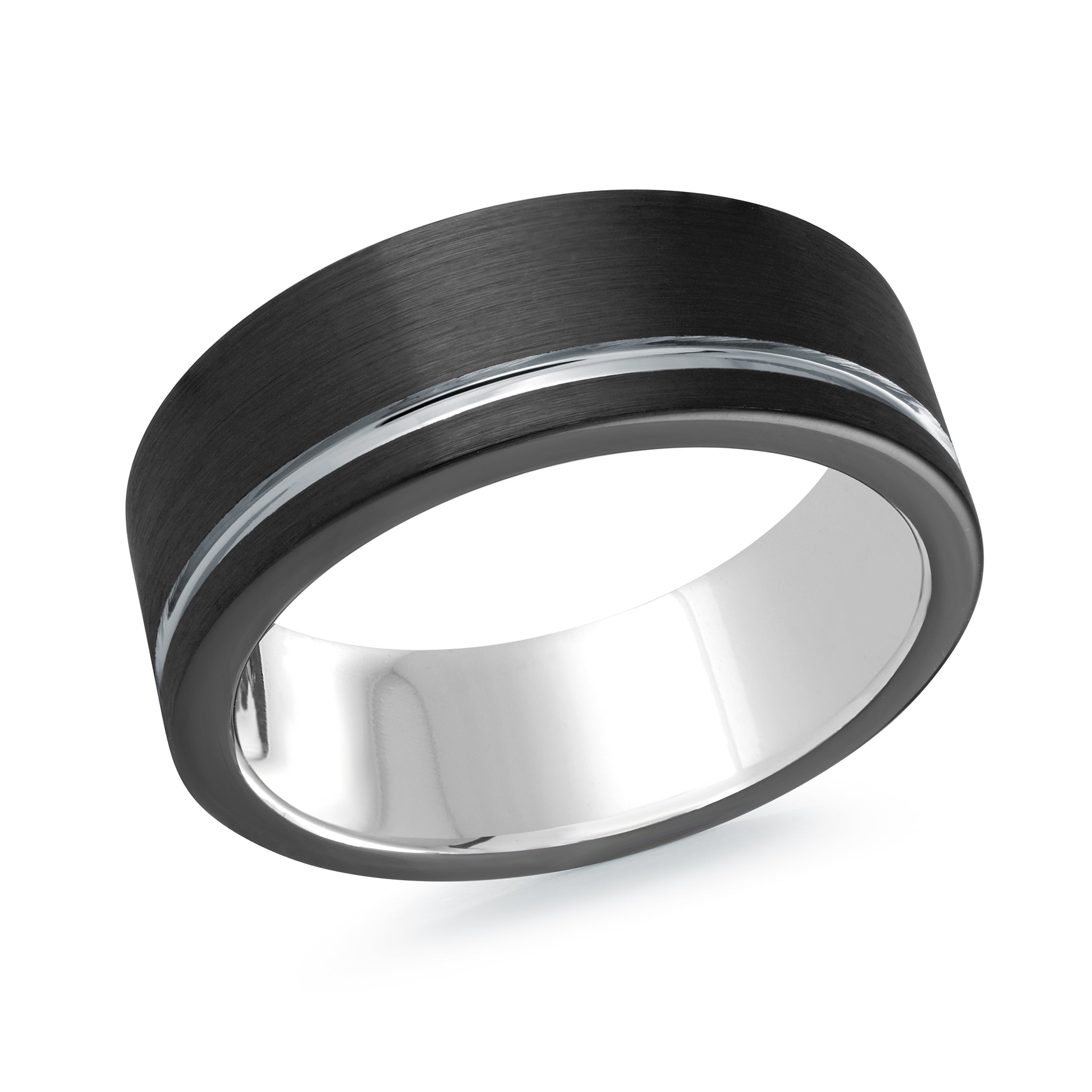 Black tungsten band with silvertone inlay and interior on a white background.