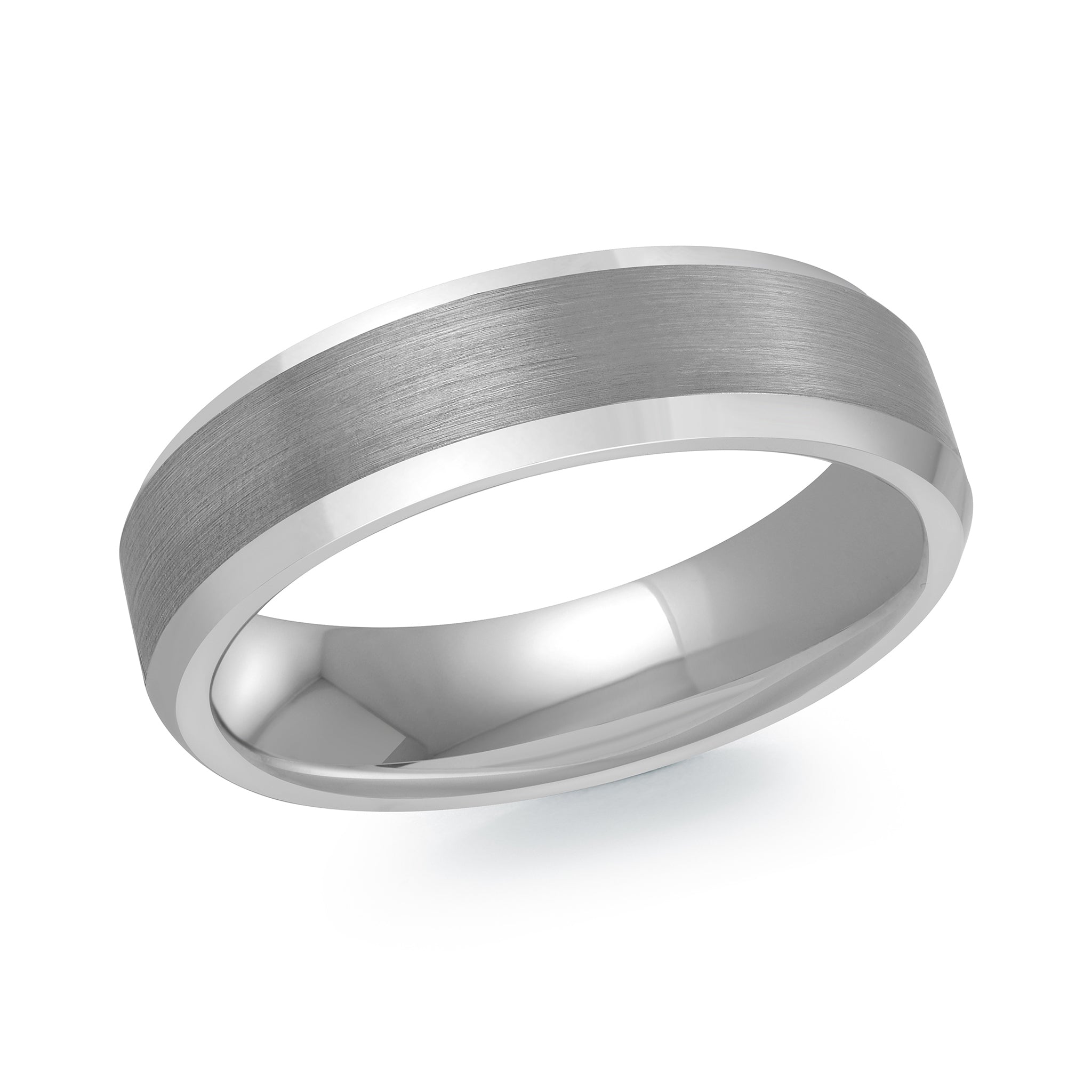 A tungsten ring with a brushed matte finish on the outer band and polished beveled edges, shown on a clean white background.