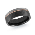 Black tungsten band with geometric texture finish and rose gold inlay.